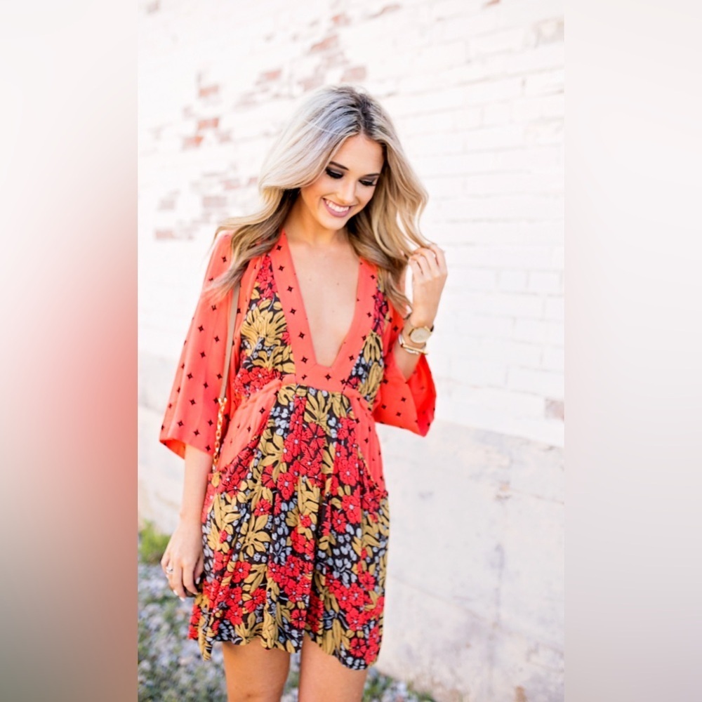 Free People Talulla‎ Printed 3/4 Sleeve Deep V-Neck Mini Dress, Size S